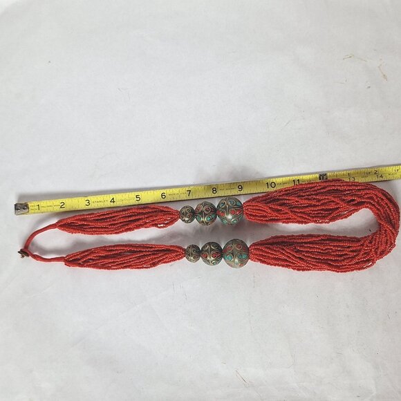 Tribal Boho Necklace Red Seed Bead Vintage Brass - Picture 5 of 5